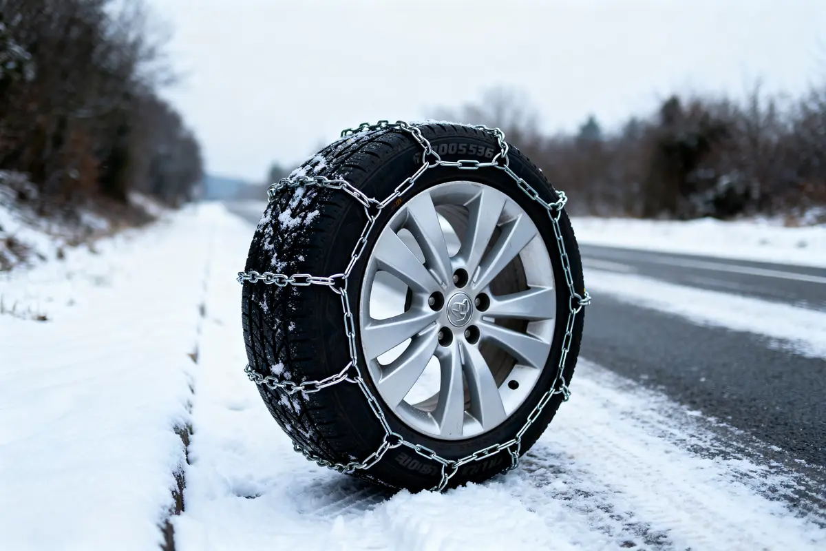 Pneu avec chaînes sur une route enneigée, aligné au bord, arbres en arrière-plan flou.