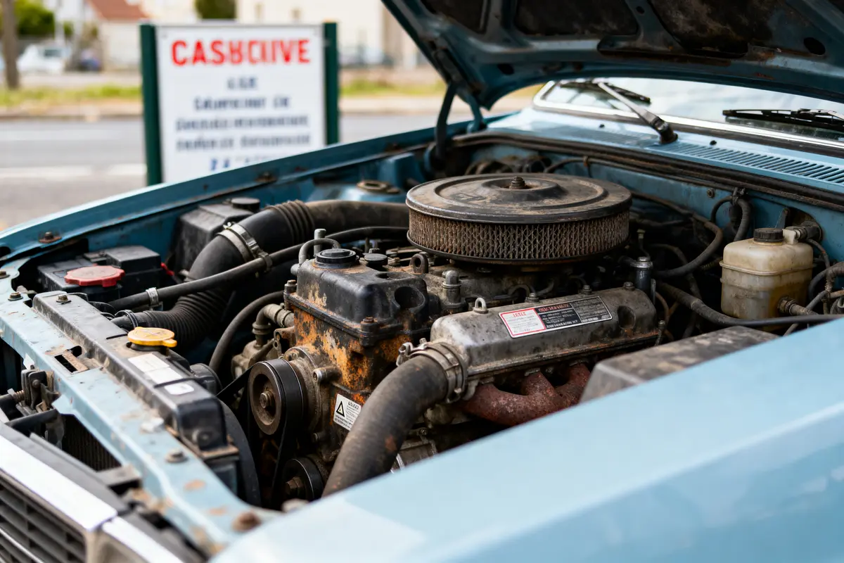 Moteur de voiture montré avec capot ouvert, panneau publicitaire flou en arrière-plan.