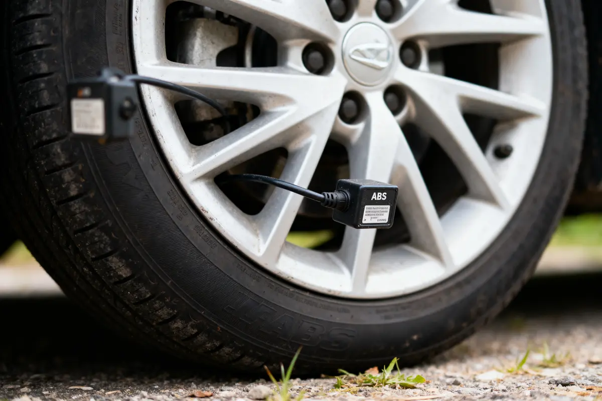 Roue de voiture avec capteur ABS connecté, posée sur une route avec quelques herbes vertes.