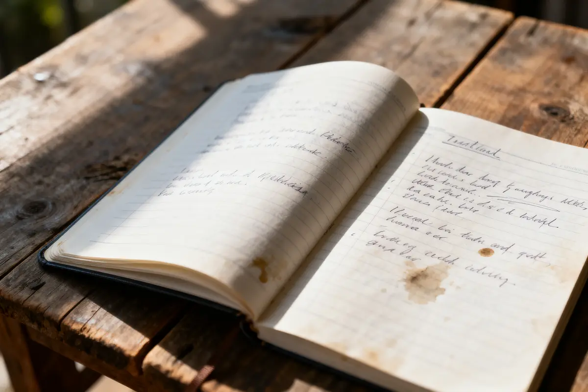 Carnet ouvert avec notes manuscrites sur table en bois, éclairé par la lumière naturelle, taches visibles.