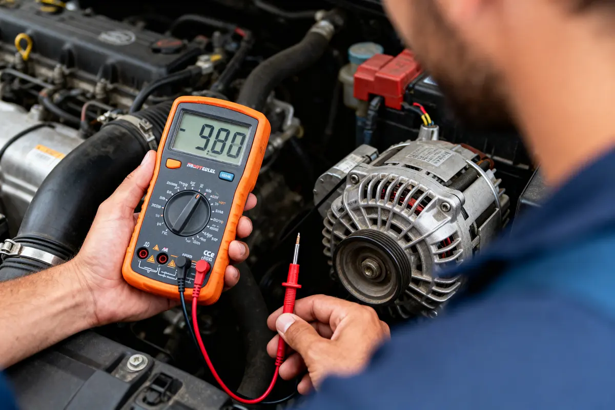 Un homme utilise un multimètre pour tester la tension d'un alternateur de voiture.