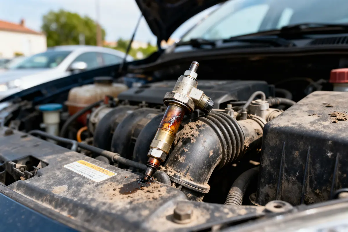 Injecteur de moteur sale et endommagé sur capot de voiture ouverte, fuite d'huile visible.