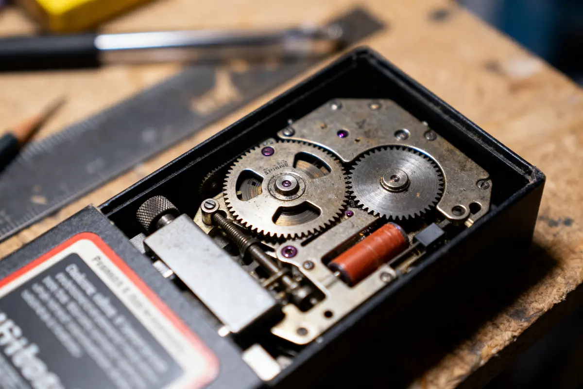 Mécanisme horloger complexe, engrenages apparents, sur une table d'atelier, entouré d'outils flous en arrière-plan.