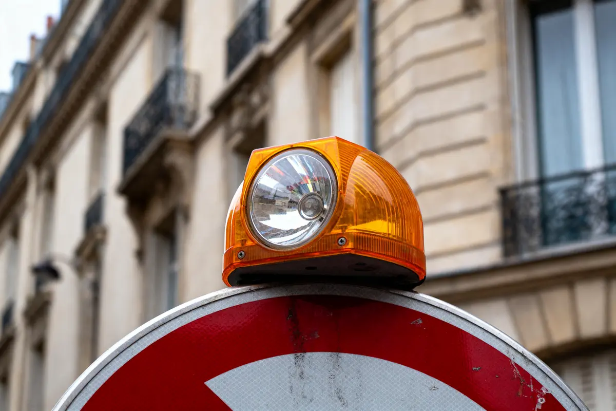 Panneau de signalisation avec gyrophare orange sur fond de bâtiment urbain.