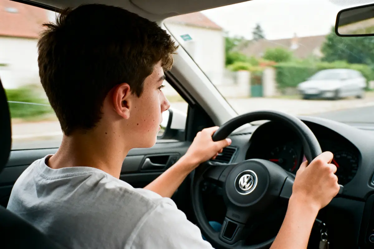 Un jeune homme conduit une voiture Volkswagen, concentré sur la route, en plein jour dans un quartier résidentiel.