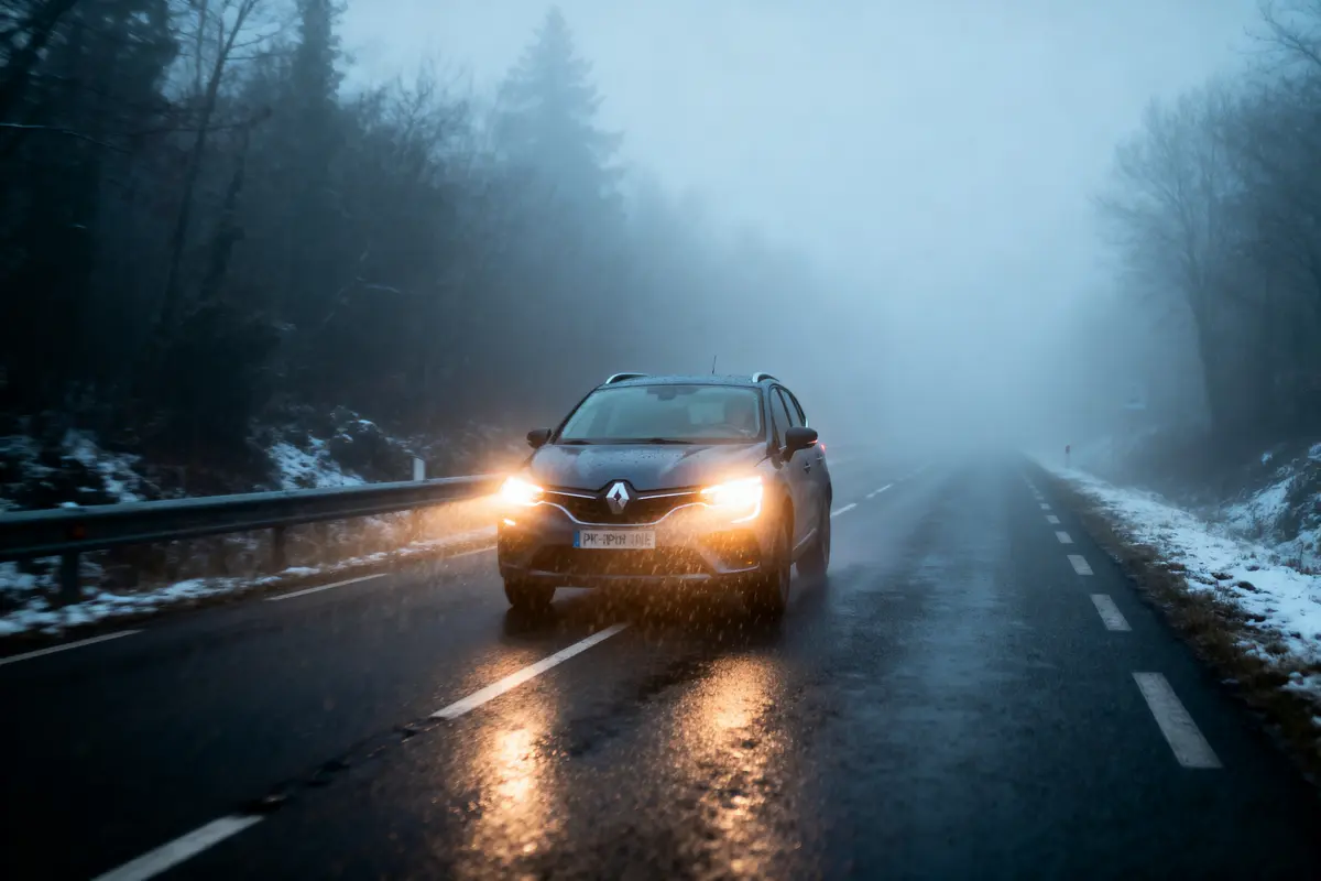 Voiture avec phares allumés roulant sur route mouillée et brumeuse, entourée d'arbres en hiver.