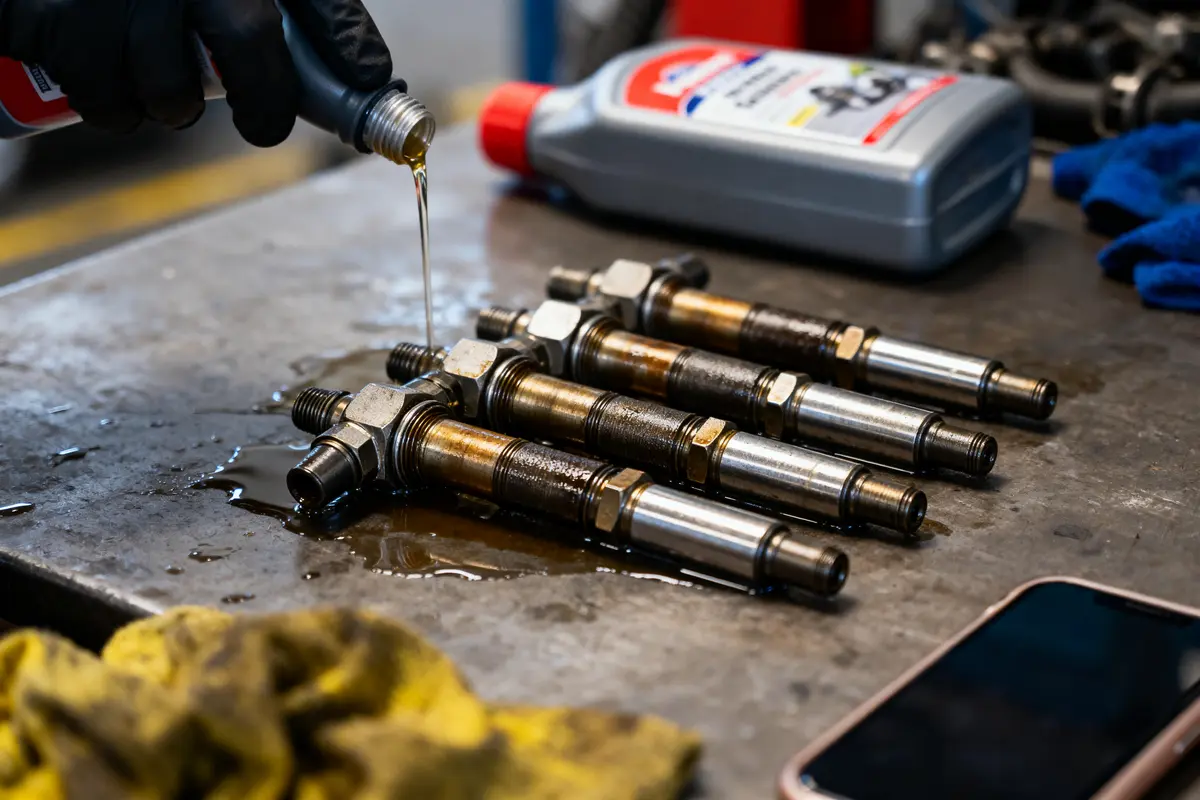 Gants versent de l'huile sur injecteurs moteur alignés sur table de travail en métal.