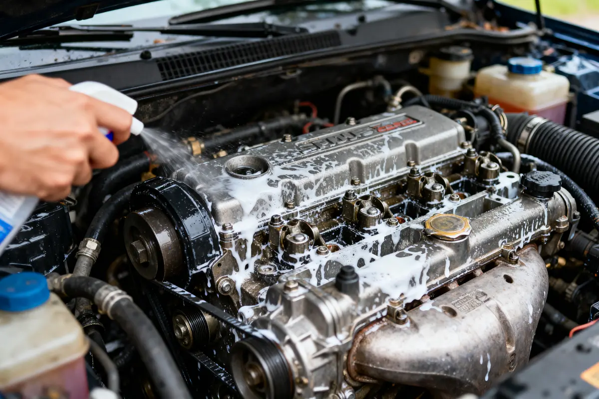 Moteur de voiture nettoyé avec un spray détergent, mousse blanche visible, capot ouvert.