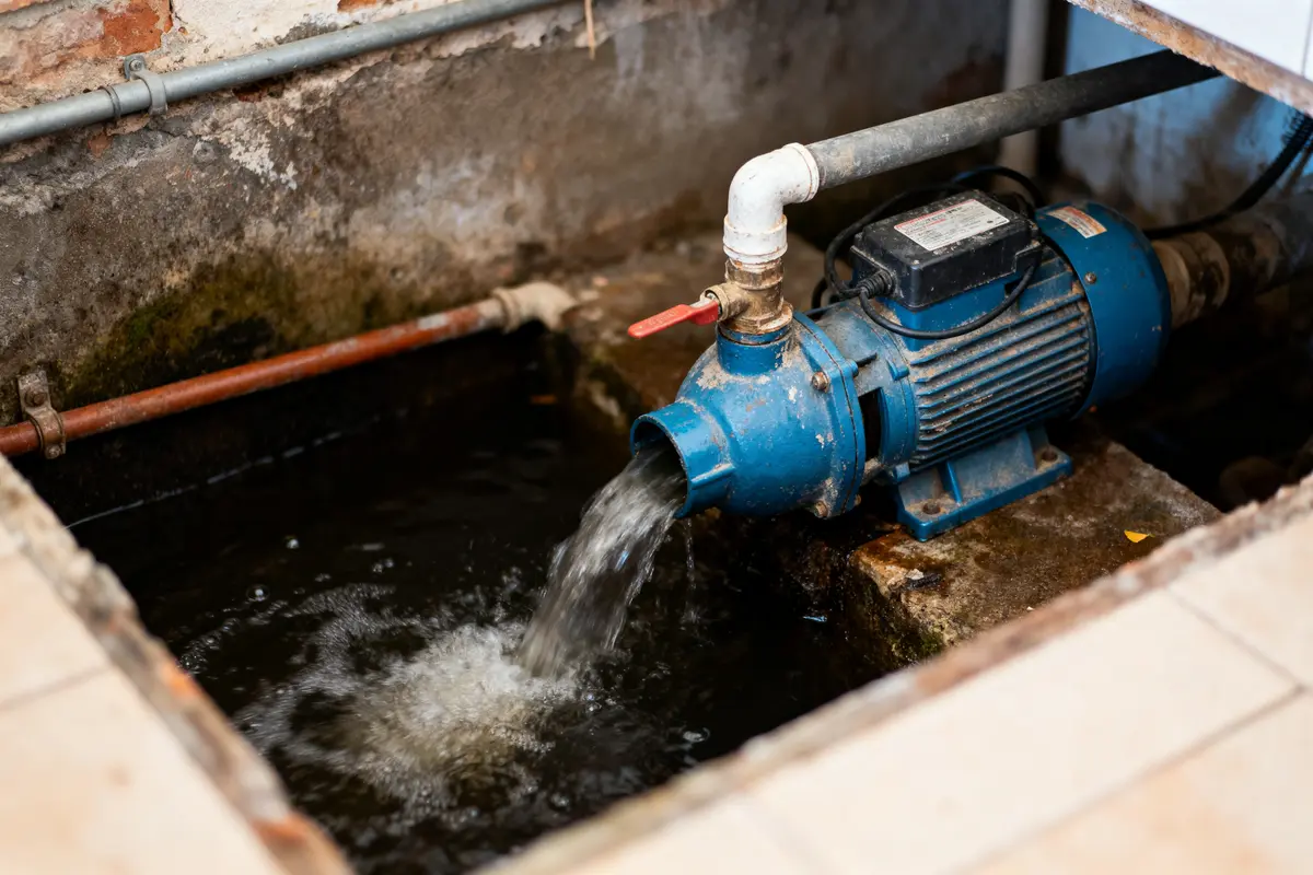 Pompe à eau bleue fonctionnant, déversant de l'eau dans un réservoir avec murs en béton.