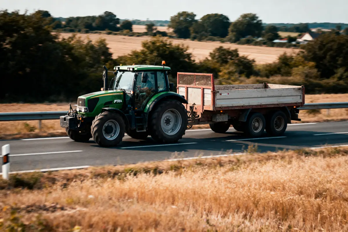 Tracteur vert tirant une remorque sur une route de campagne, champs et arbres en arrière-plan.