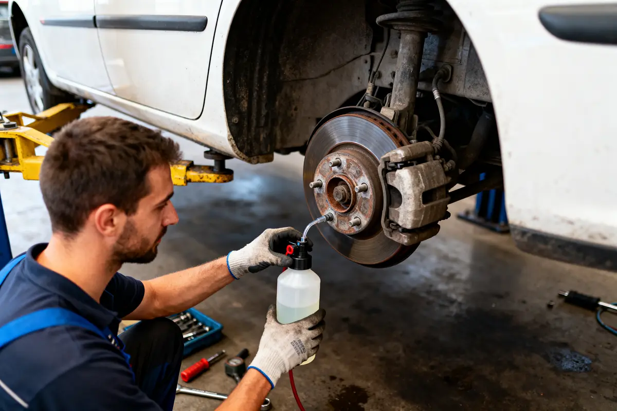 Mécanicien vérifiant le système de frein d'une voiture surélevée dans un atelier avec outils visibles.