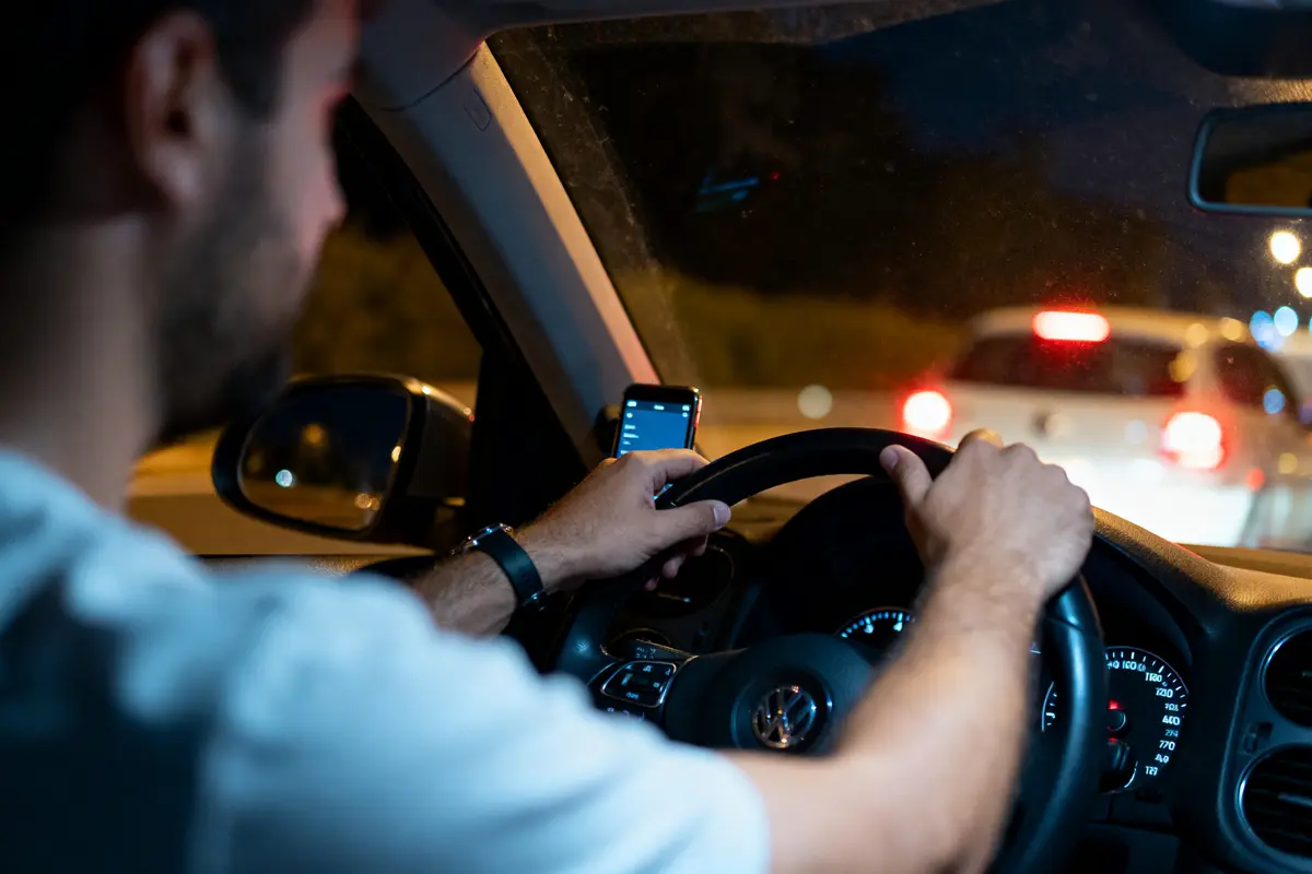 Homme conduisant, téléphone en main, volant Volkswagen, nuit, embouteillage, route éclairée, tableau de bord visible.