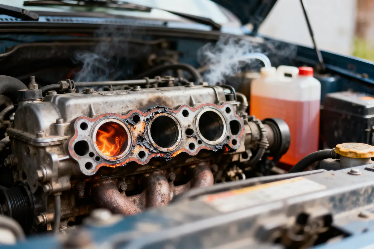 Moteur de voiture endommagé avec flammes et fumée, capot ouvert, bidon de liquide visible.