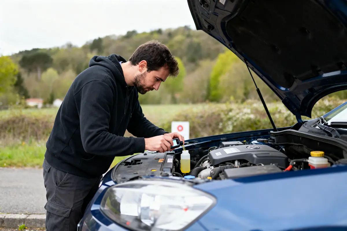 Homme vérifiant le moteur d'une voiture avec capot ouvert, en extérieur, vue champ et arbres.