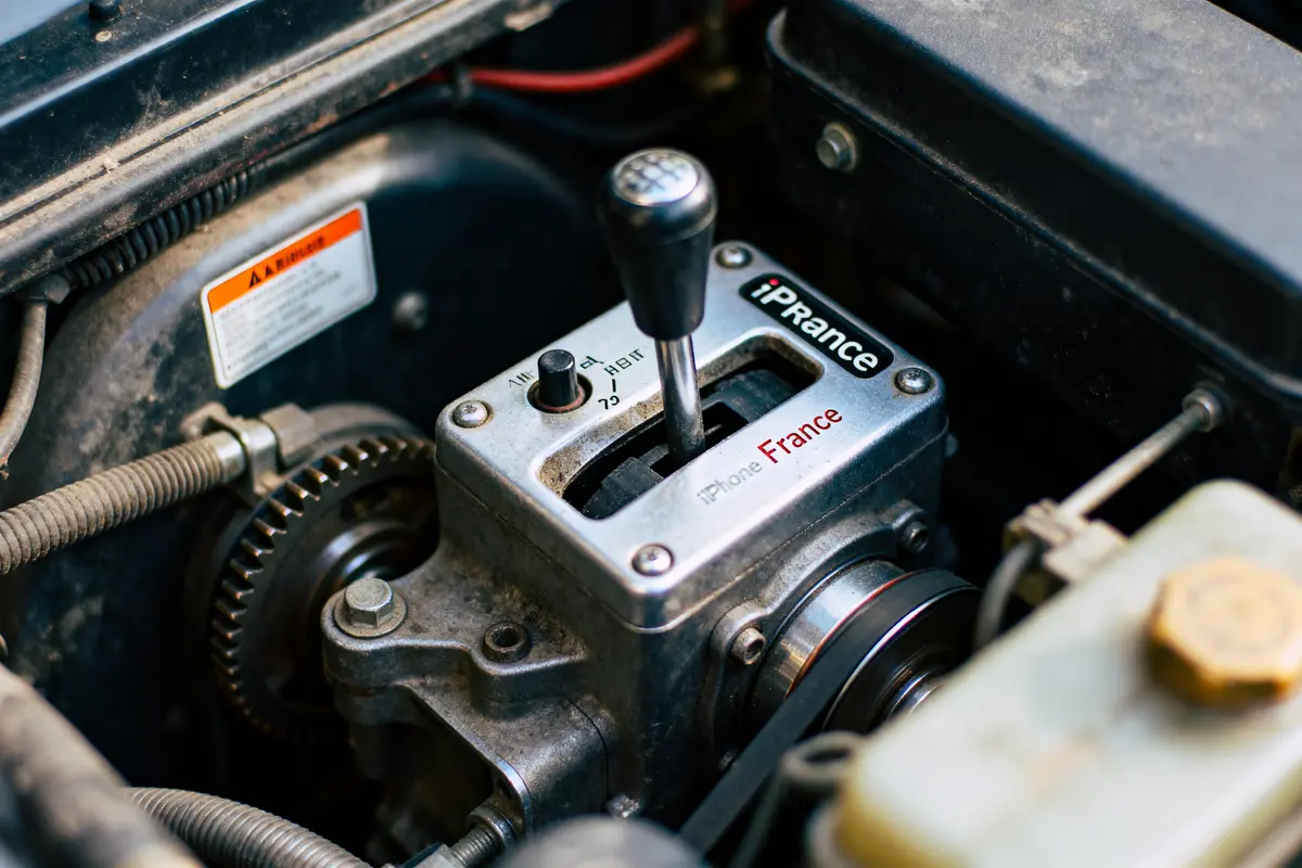 Levier de vitesse mécanique dans un moteur de voiture, avec marquage "iPrance" et "France".