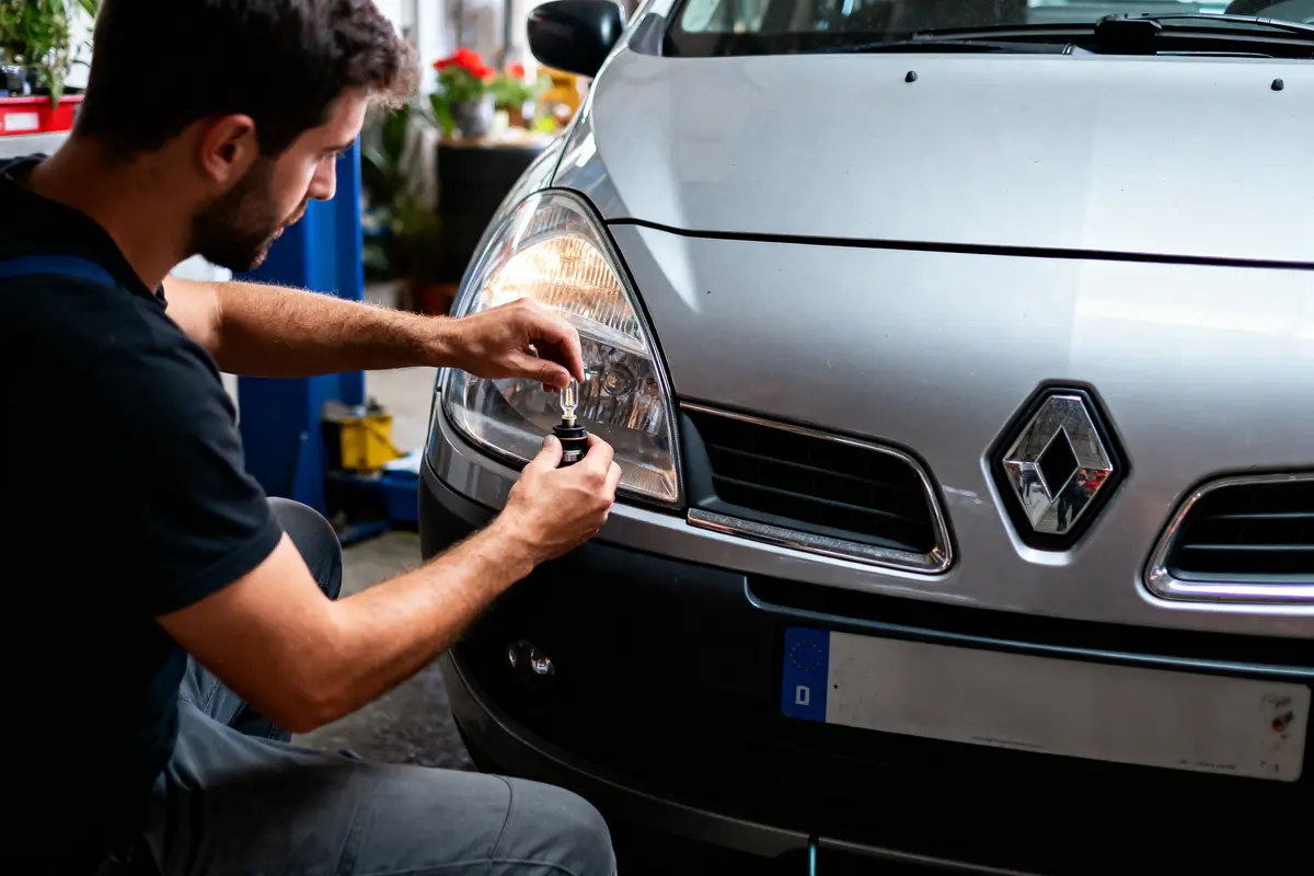 Mécanicien remplaçant une ampoule de phare sur une voiture Renault grise, dans un garage.