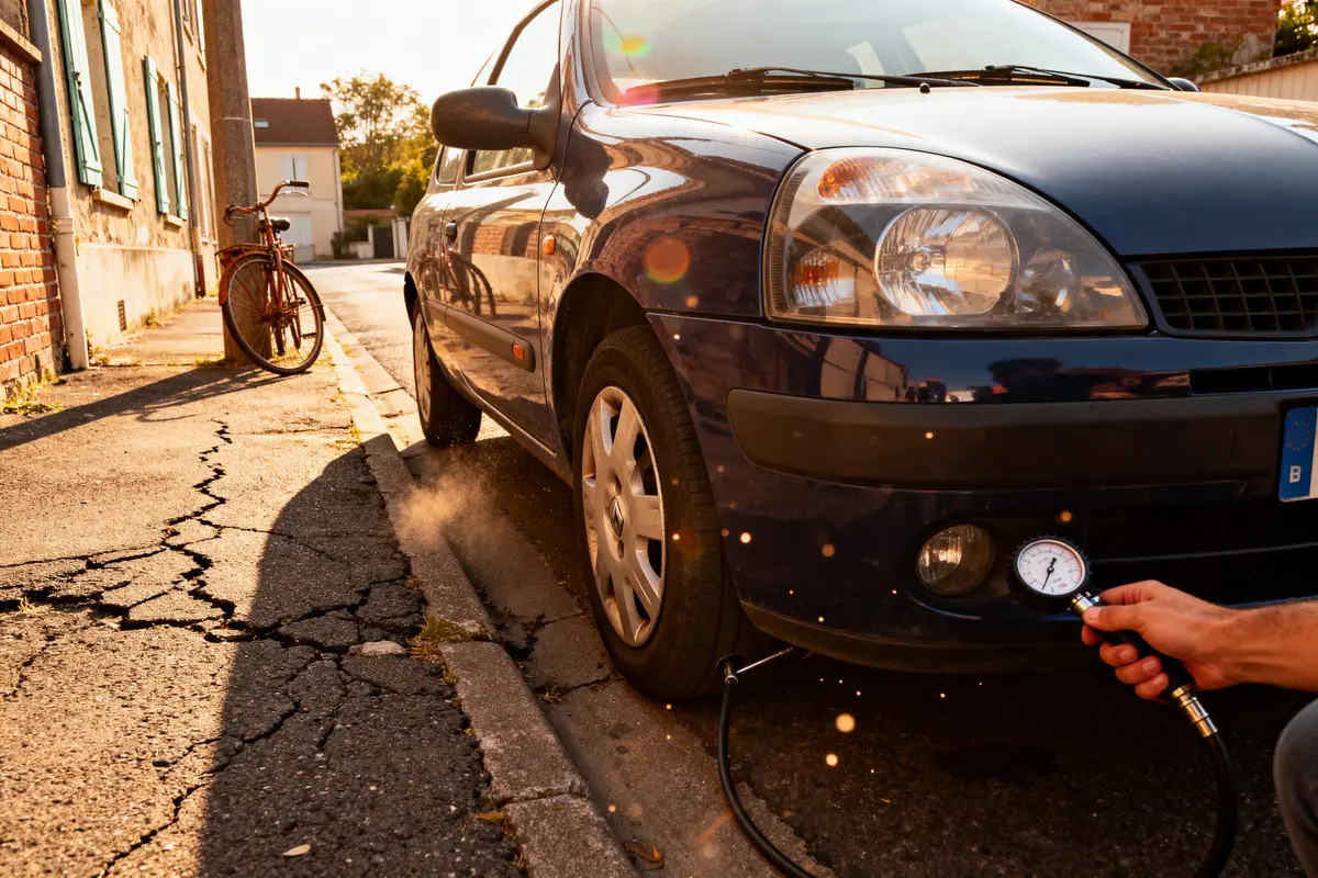 Voiture garée, pneu avant droit vérifié avec manomètre, vélo en arrière-plan, rue pavée fissurée.