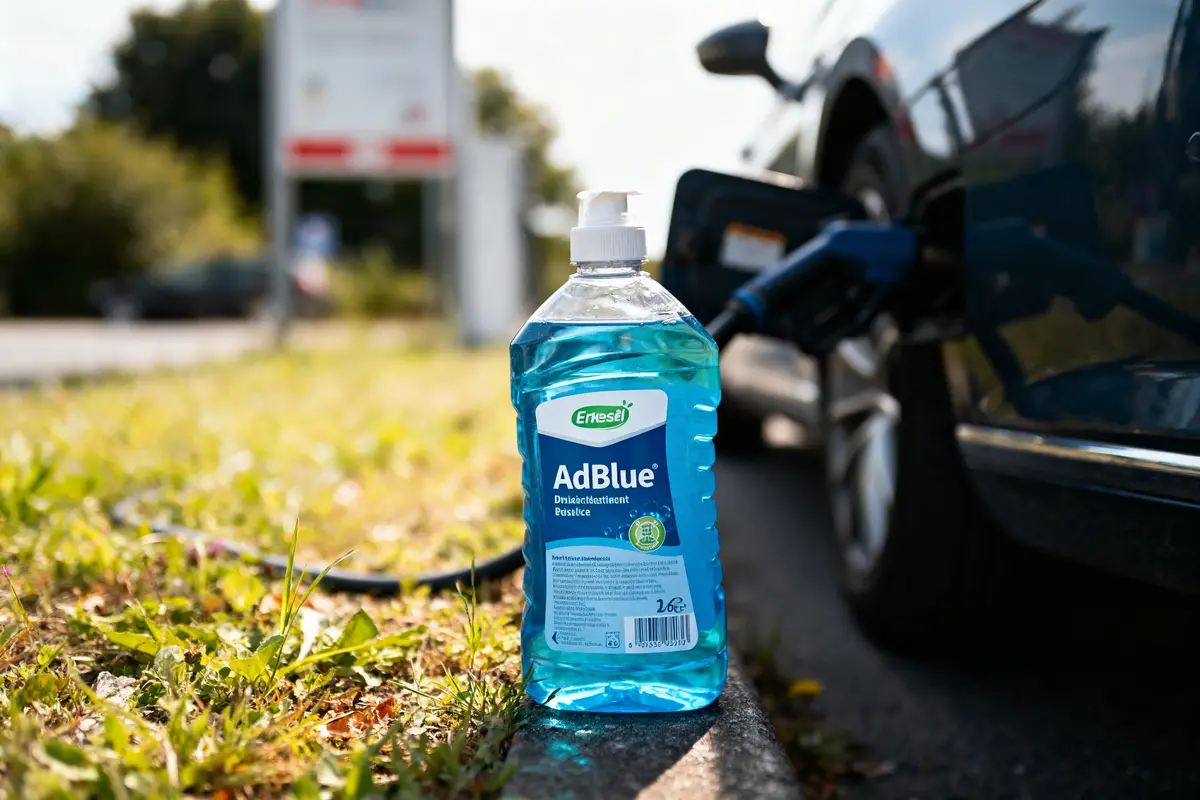 Bouteille AdBlue Ehrsel devant voiture noire en plein ravitaillement. Pompe à essence visible derrière dans l’ombre.