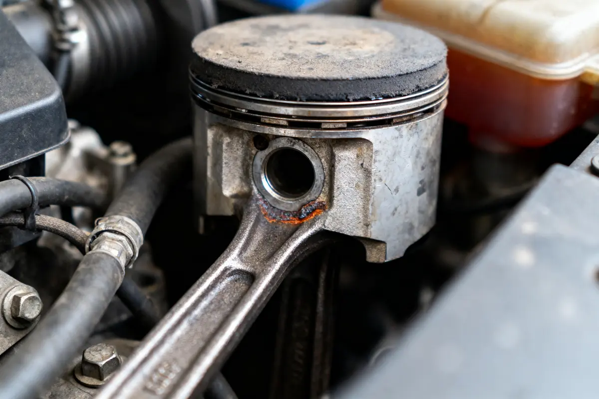 Piston de moteur avec rouille, entouré de câbles et composants mécaniques. Image en gros plan.