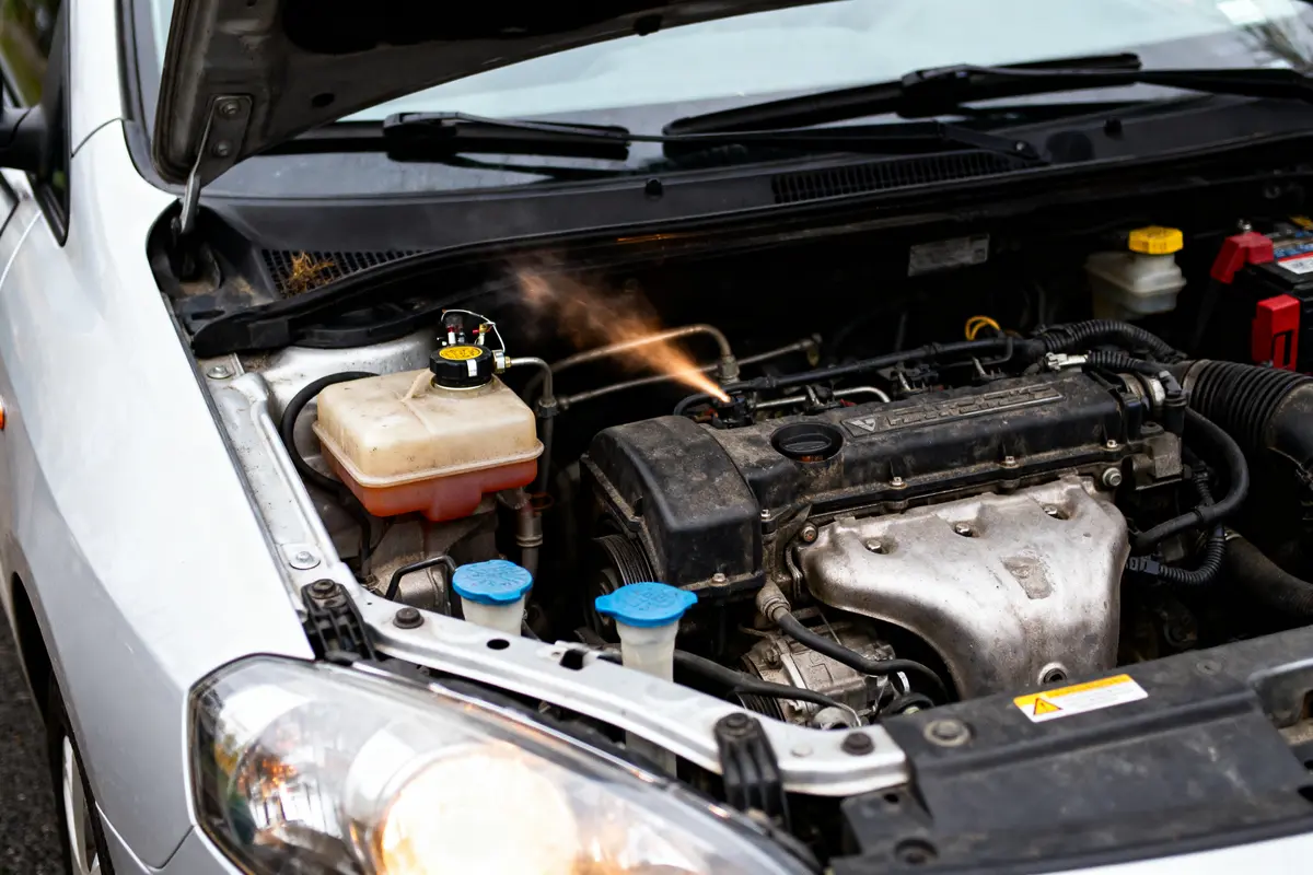 Capot de voiture ouvert avec un problème de moteur générant de la fumée visible.