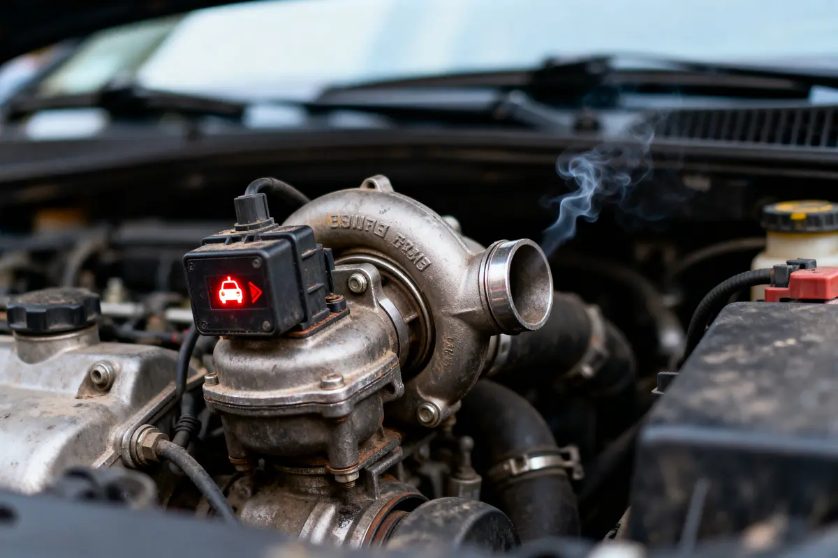 Gros plan d'un moteur de voiture avec un turbocompresseur et un voyant lumineux rouge allumé.