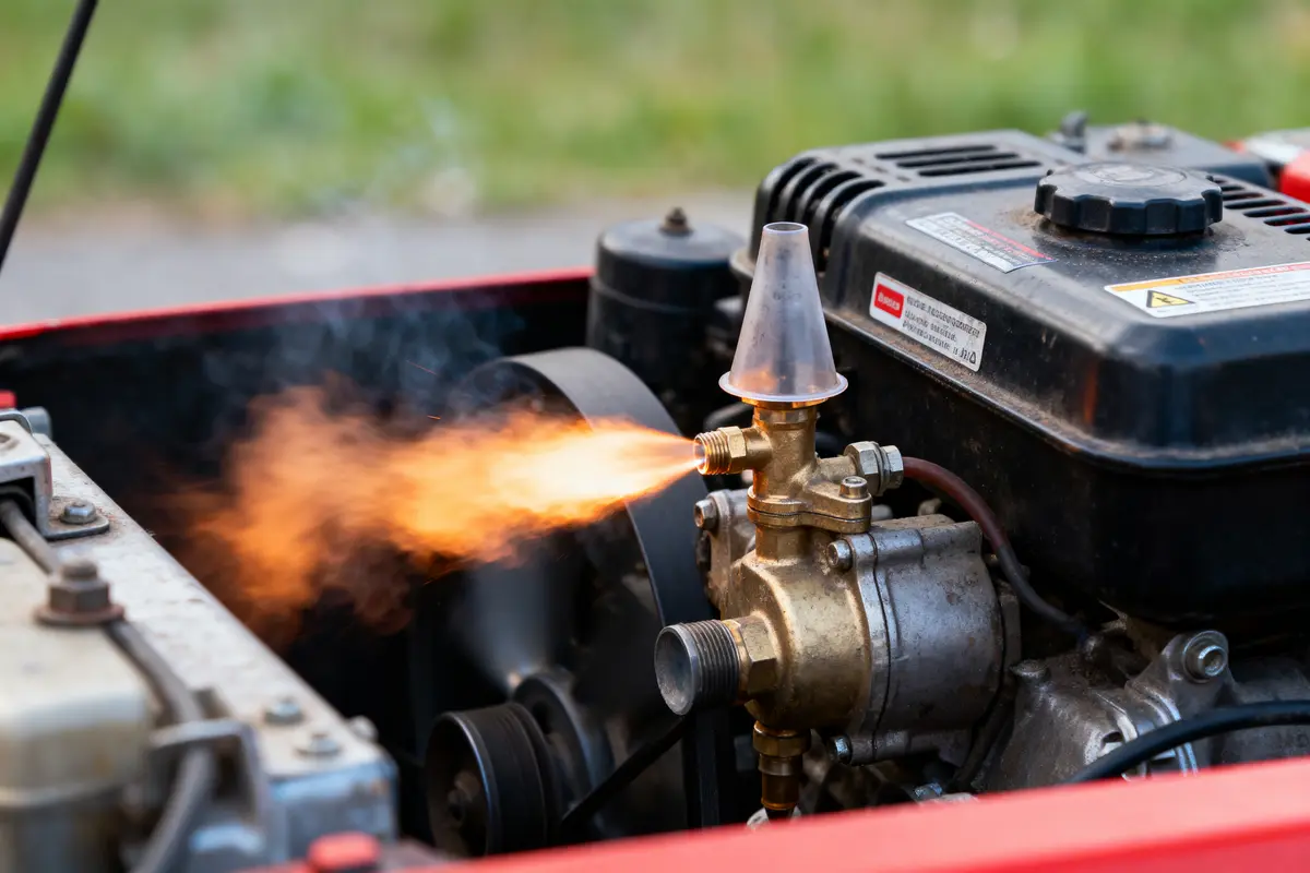Moteur avec flamme orange s'échappant d'une valve, décor flou en arrière-plan.
