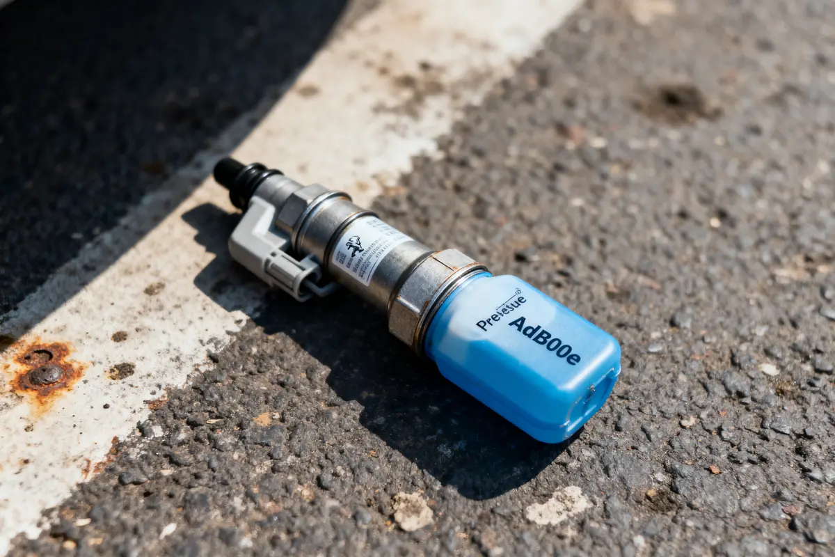 Capteur de pression automobile AdBlue, posé sur la route près d'un trottoir en béton.