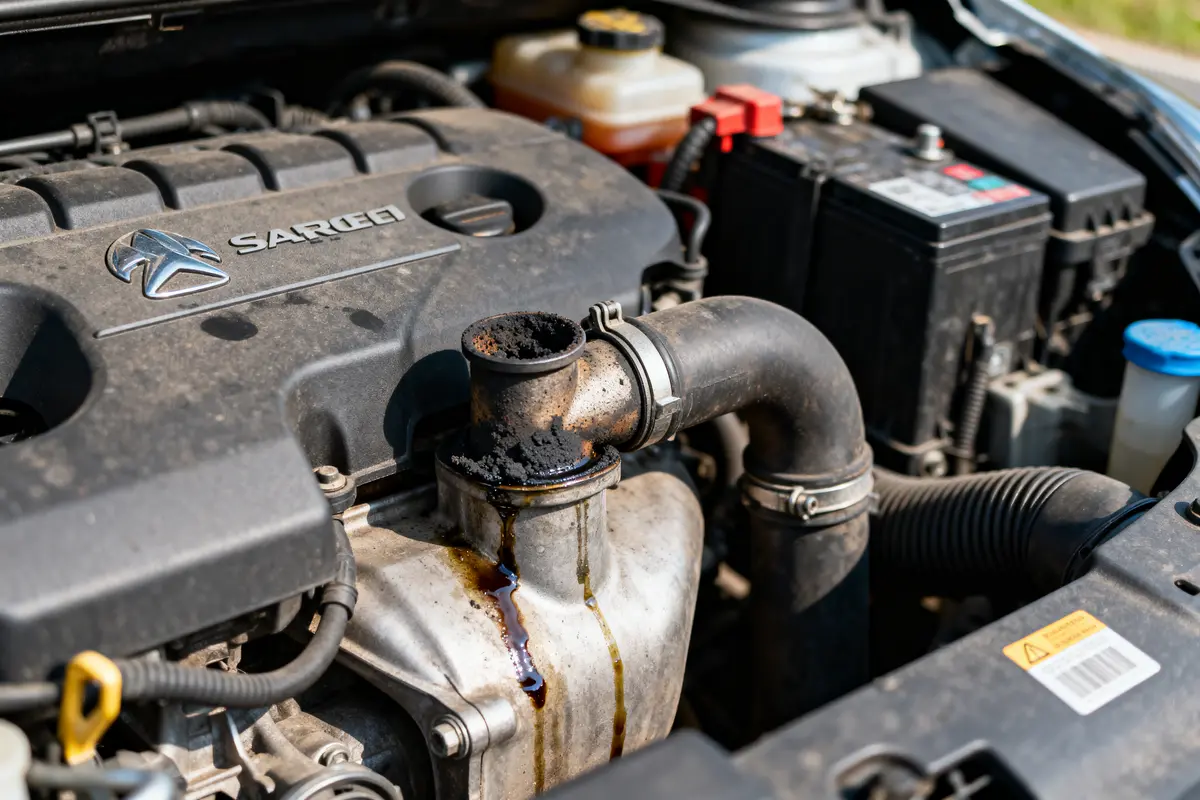 Moteur de voiture Citroën, fuite d'huile visible, sous capot, près de la batterie et du bocal de liquide.