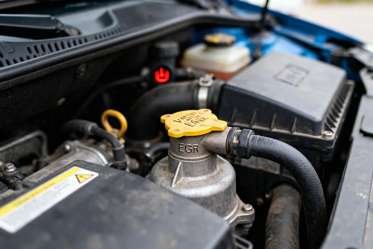 Vue rapprochée d'un compartiment moteur de voiture avec vanne EGR et bouchon jaune en évidence.