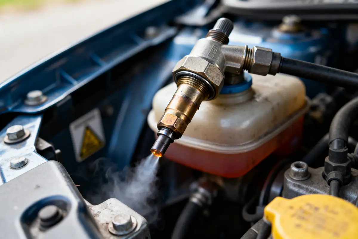 Bougie préchauffage moteur diesel fumante, capot ouvert, composants mécaniques visibles, métal et plastique.