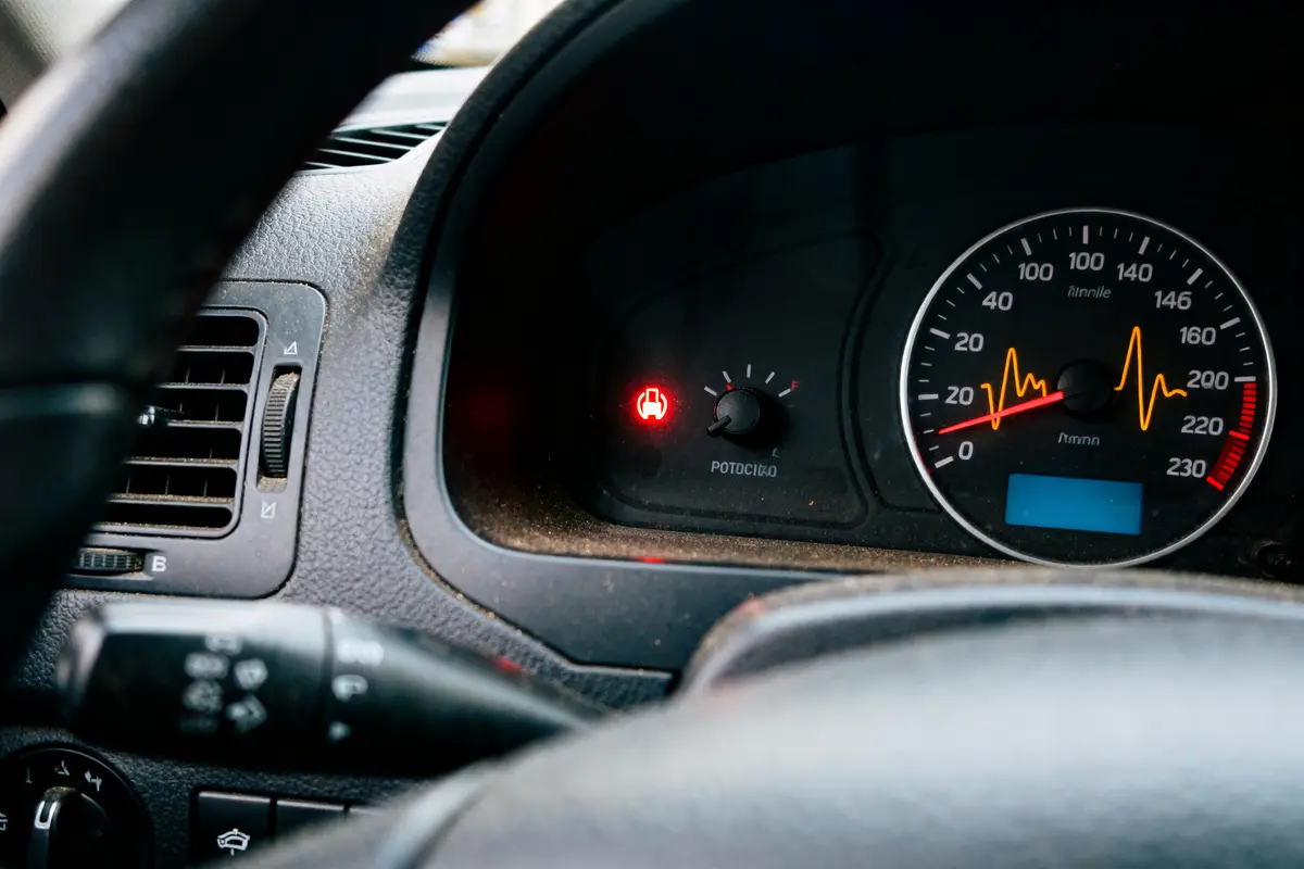 Tableau de bord de voiture avec indicateur rouge allumé et compteur de vitesse à aiguille.