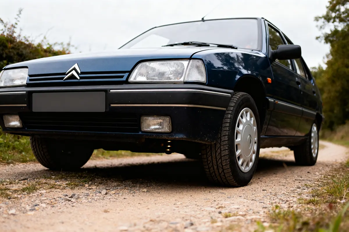 Citroën BX bleue garée sur un chemin de terre entouré de verdure sans plaque visible