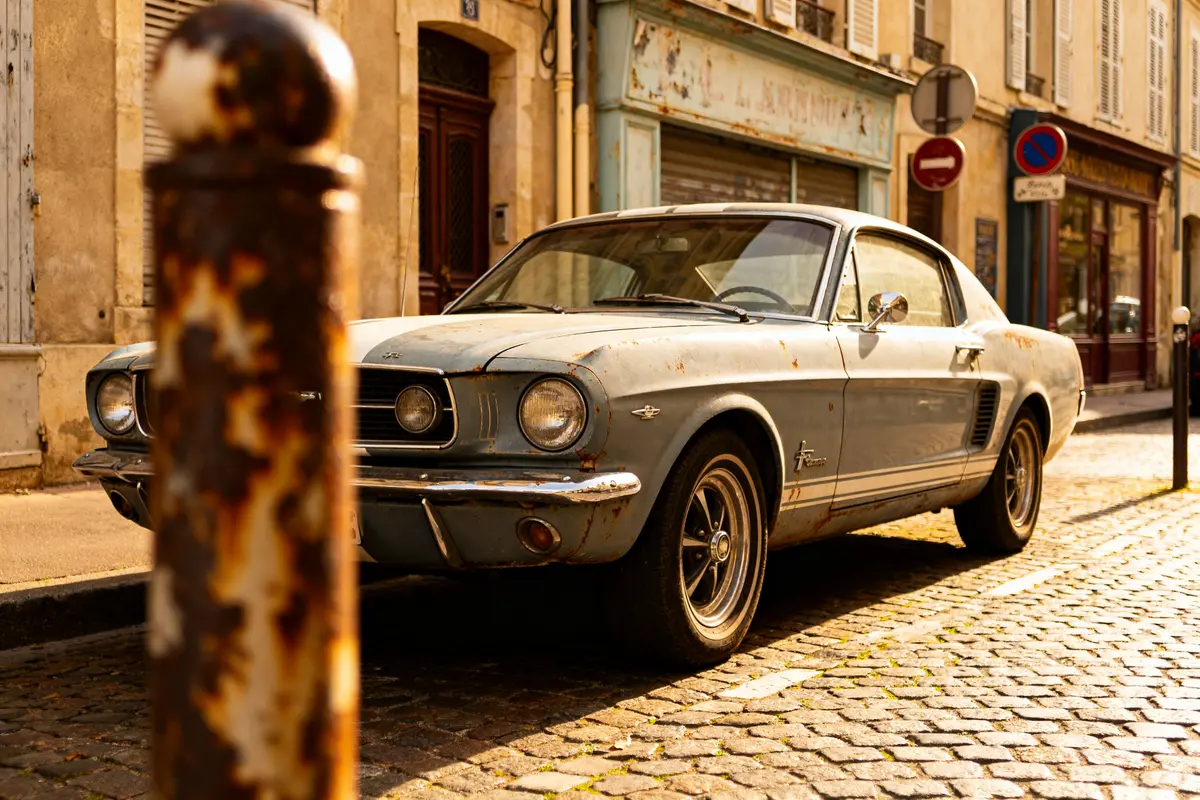 Ford Mustang 1967 garée sur rue pavée devant boutique vieille ville