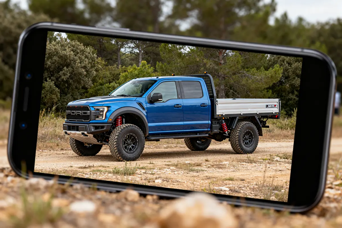Smartphone affichant un Ford Raptor cab sur un chemin terreux en pleine nature