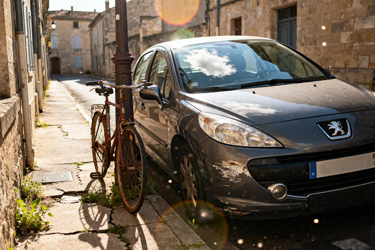 Vélo rouillé attaché à une Peugeot 201 grise dans une rue tranquille ensoleillée