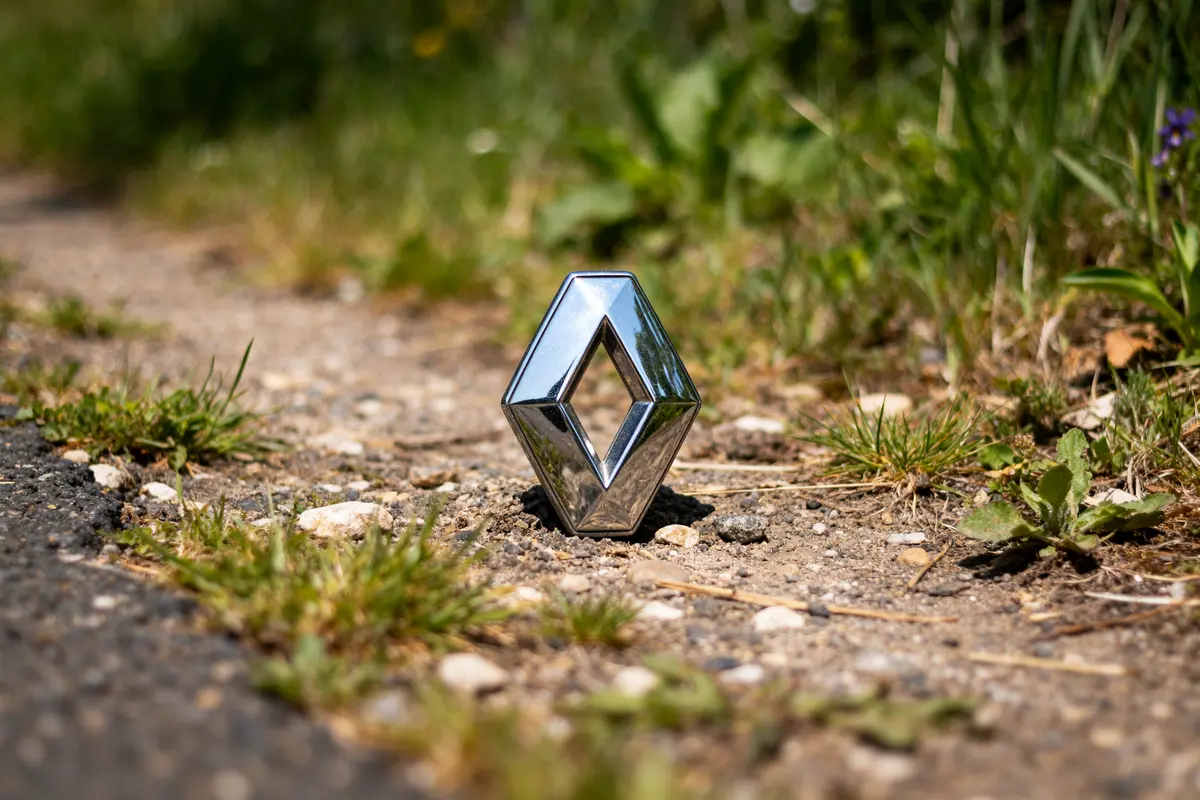 Logo Renault argenté posé sur sol terreux avec herbe environnante