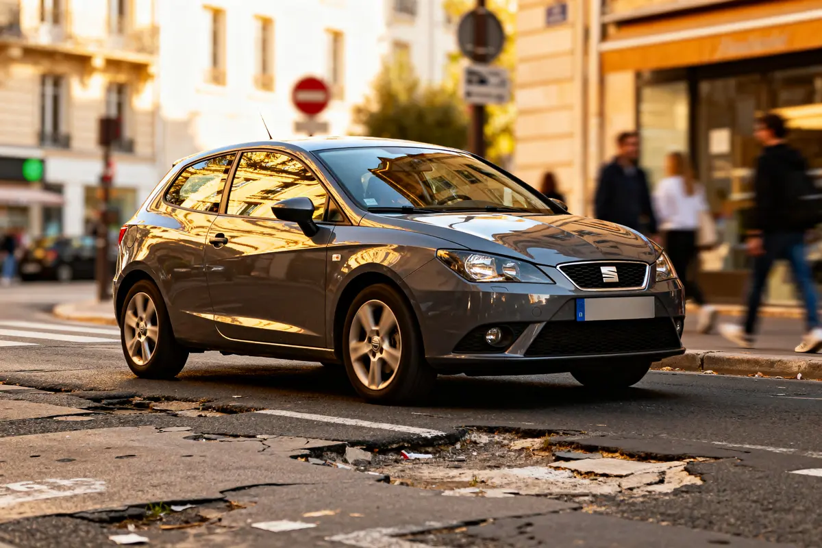 Voiture SEAT ibiza 6L grise roulant en ville sur une route endommagée