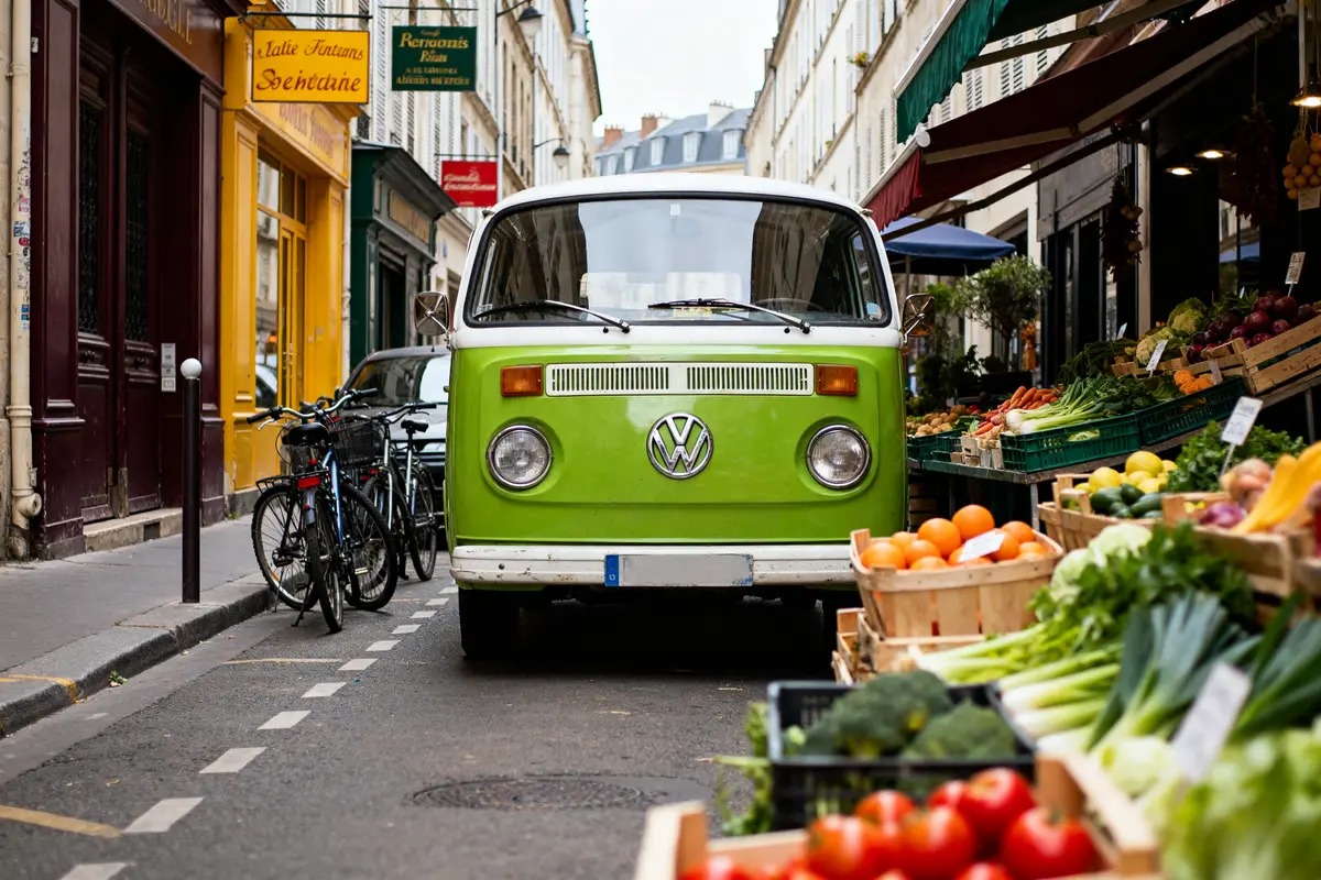 Volkswagen van vert sur rue bordée de stands de fruits et légumes