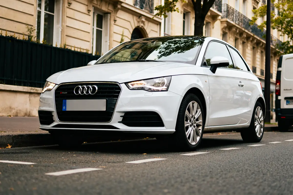Audi A1 automatique blanche stationnée sur une rue en ville devant un bâtiment élégant