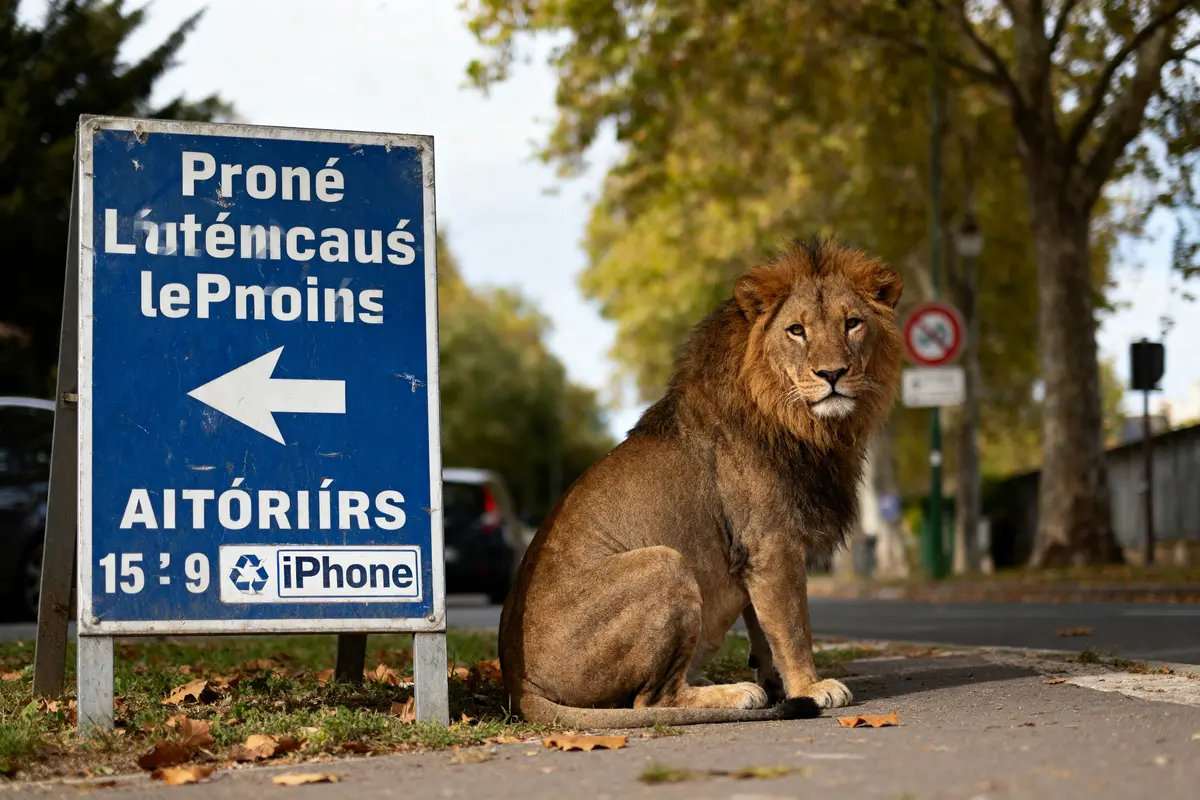 Lion assis près d'un panneau illisible évoquant une amende pour feu rouge en ville