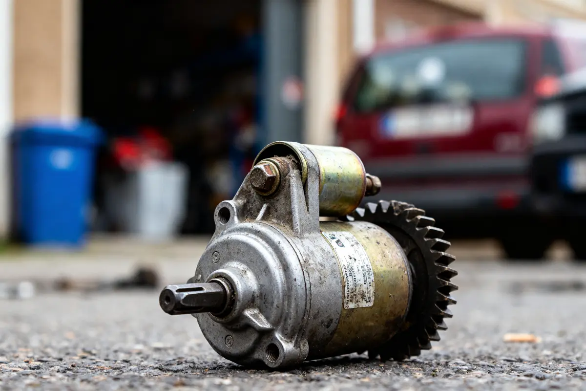 Démarreur usé au sol évoquant un bruit demarreur hs dans un garage auto