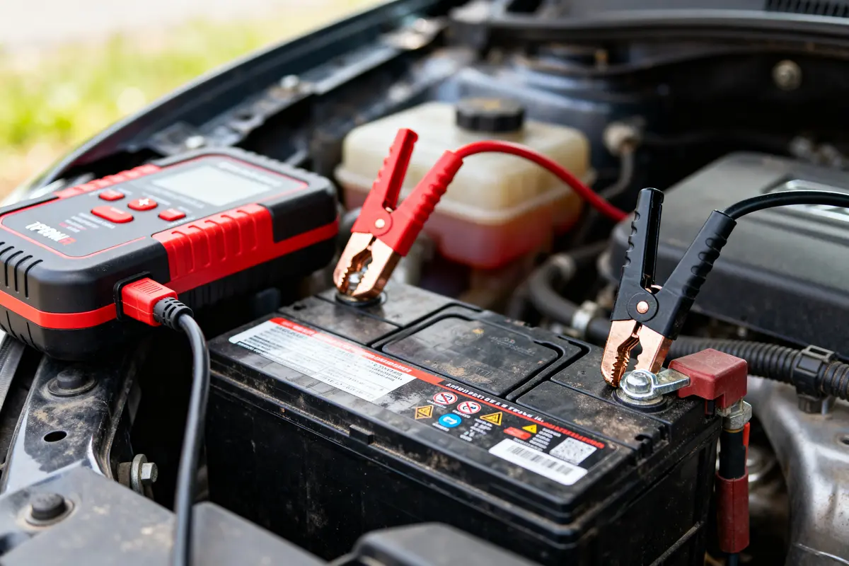 Booster de batterie connecté à une batterie de voiture montrant comment utiliser un booster de batterie