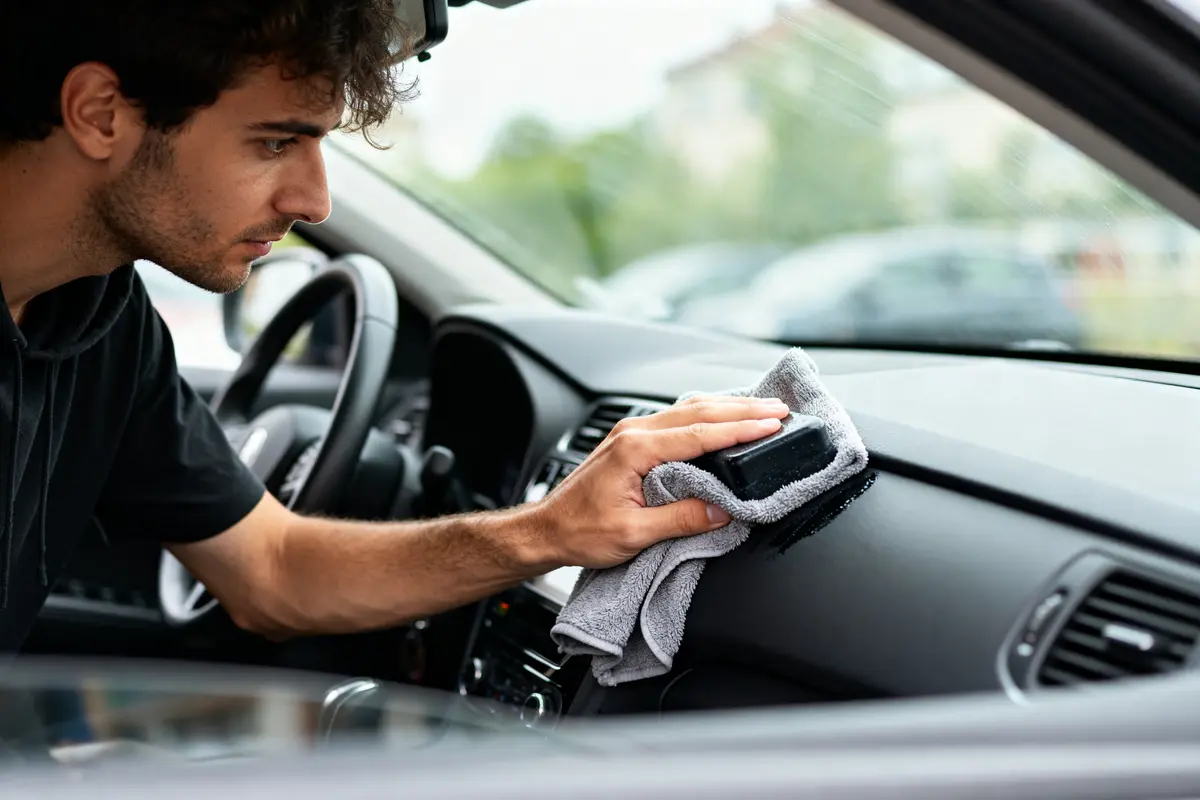 Homme en train de faire le nettoyage plastiques intérieur voiture avec chiffon dans l'habitacle