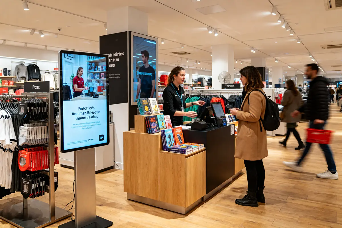 Une vendeuse discute avec une cliente dans un magasin avec PLV signification numérique visible