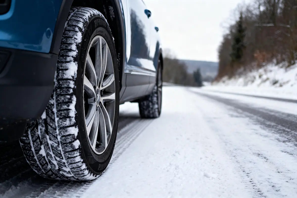 Voiture équipée de pneus hiver Luxembourg sur route enneigée en forêt