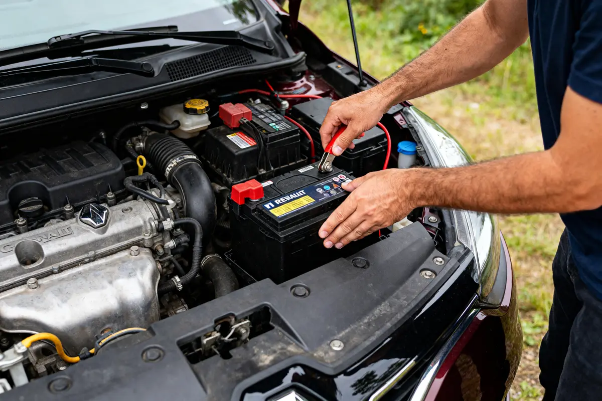 Homme en train de changer la batterie d'une Renault Clio 4 à l'extérieur