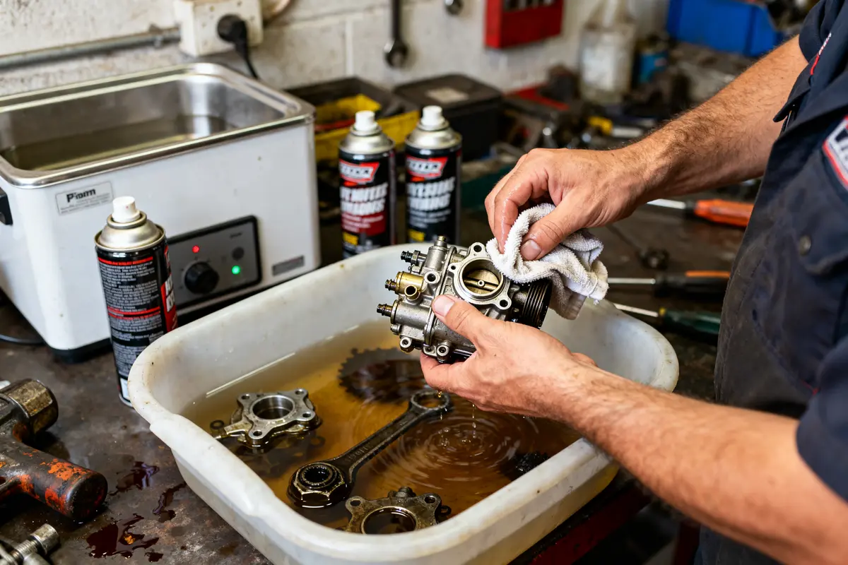 Équipement d'atelier pour nettoyer carburateur avec pièces en cours de dégraissage manuel