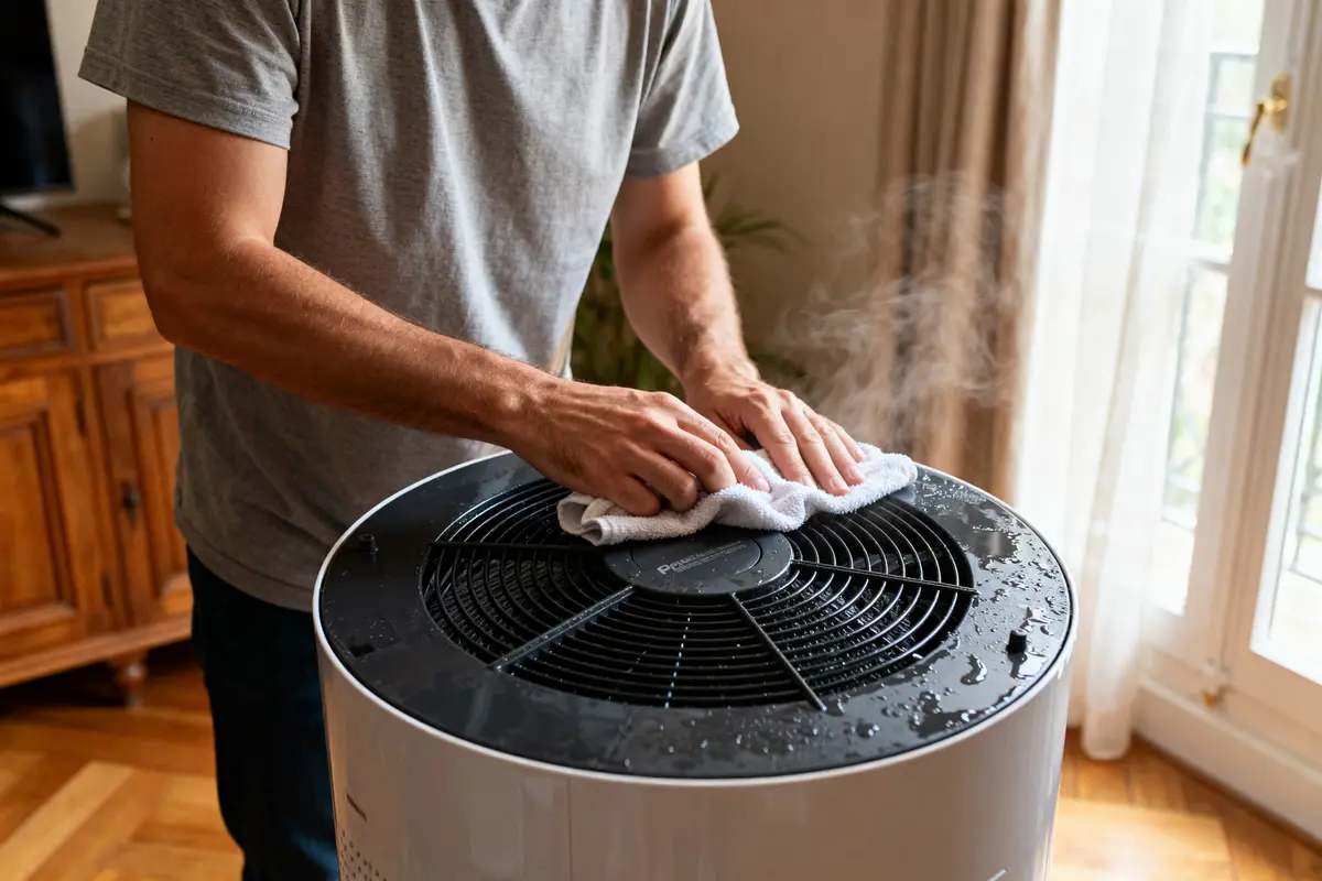 Homme utilisant un chiffon pour nettoyer filtre à air dans le salon