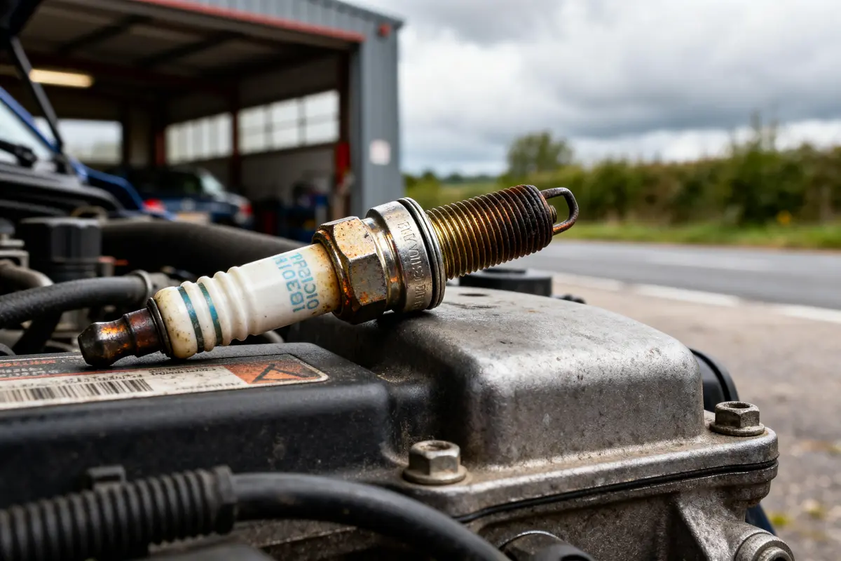 Bougie encrassée sur moteur, illustrant un symptôme de bougie défectueuse sur moteur essence