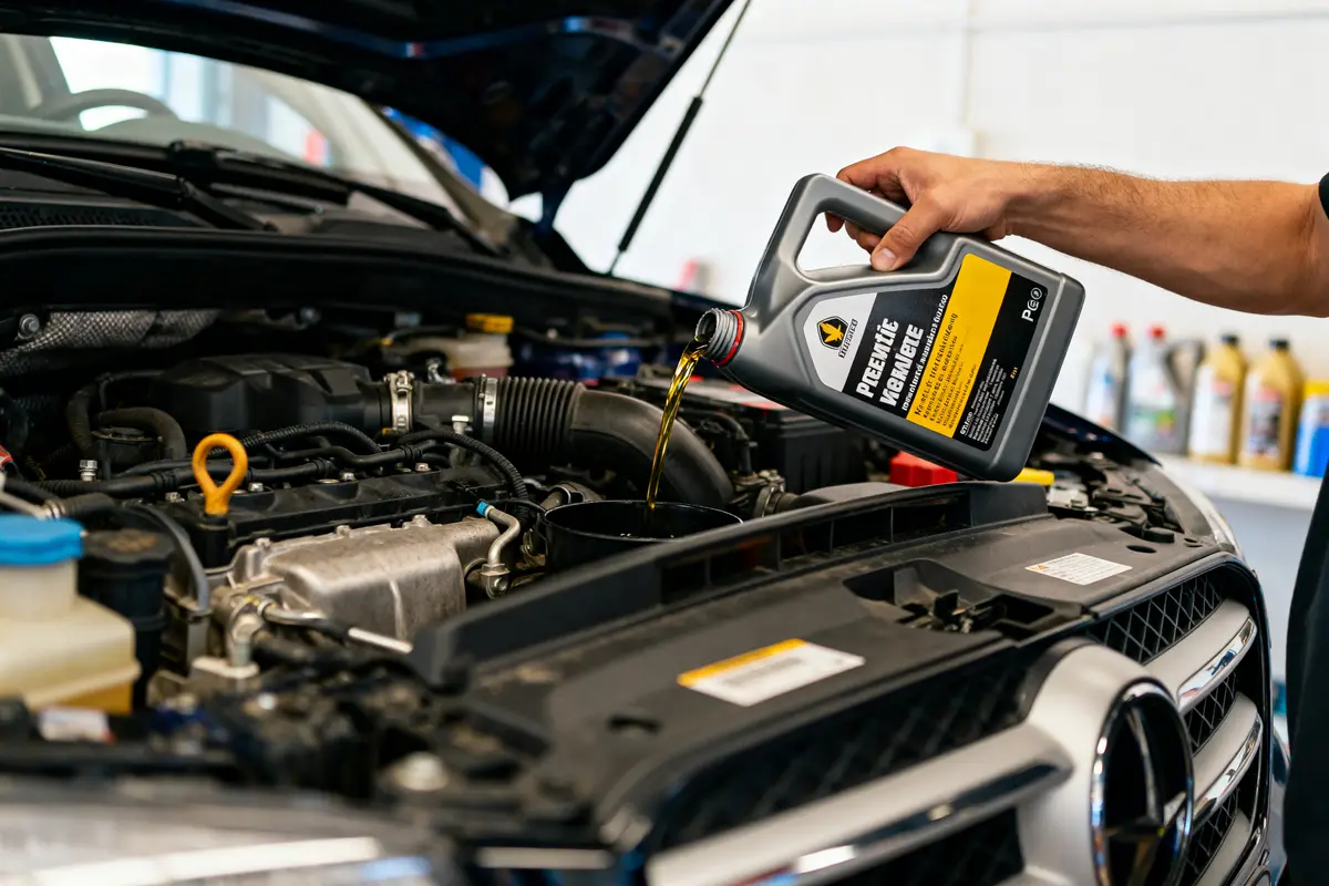 Moteur ouvert, ajout d'huile illustrant la méthode pour faire une vidange de voiture